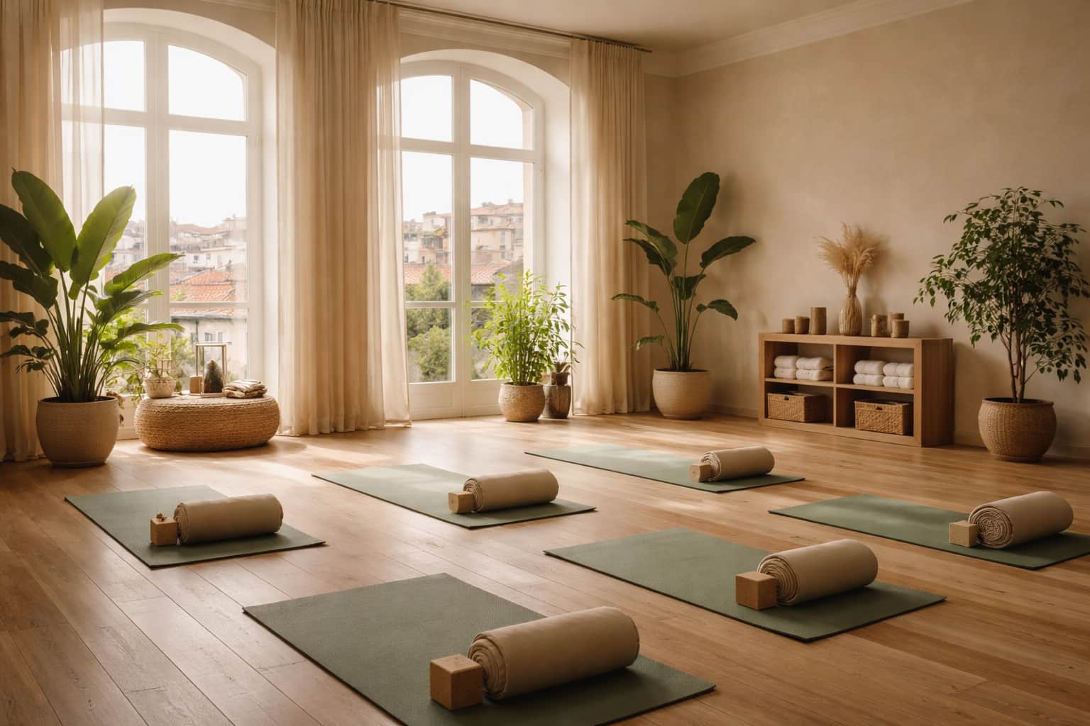 Ambiente tranquilo con plantas y práctica de yoga